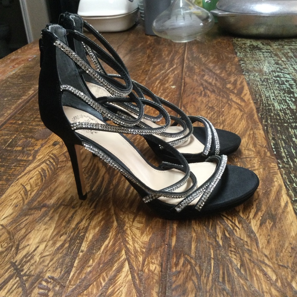 J. Miller Black Satin Rhinestone Embellished Strappy Stiletto Heels Size 7 - Picture 5 of 12